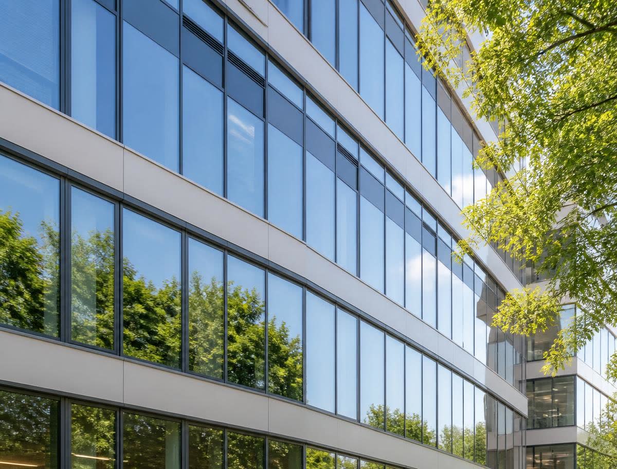 Glasfassade eines Bürogebäudes – nach der Reinigung
